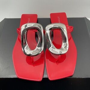 Jeffrey Campbell Red Jelly Sandals Square Toe Silver Buckle Thong Flats